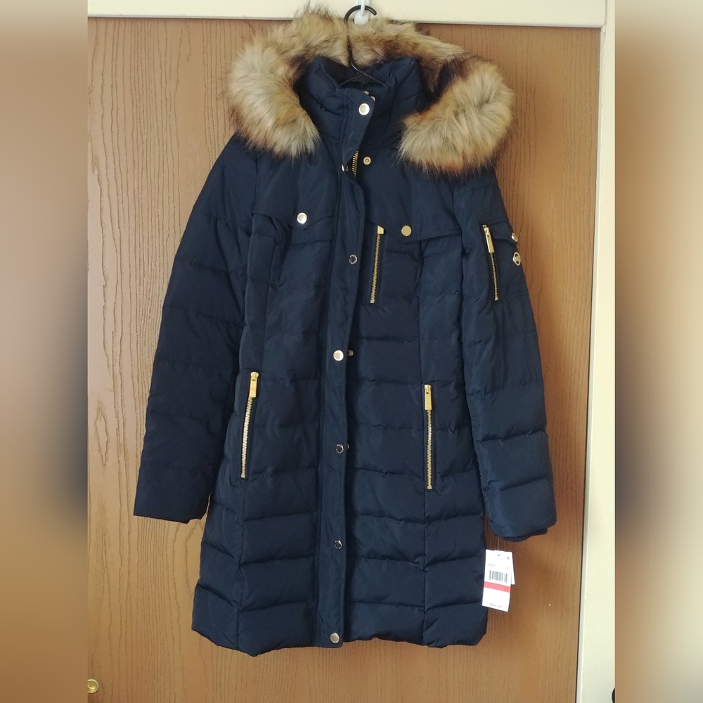 MICHAEL Michael Kors Women's Size XS Navy Blue Faux Fur Down Puffer Coat W/ Hood